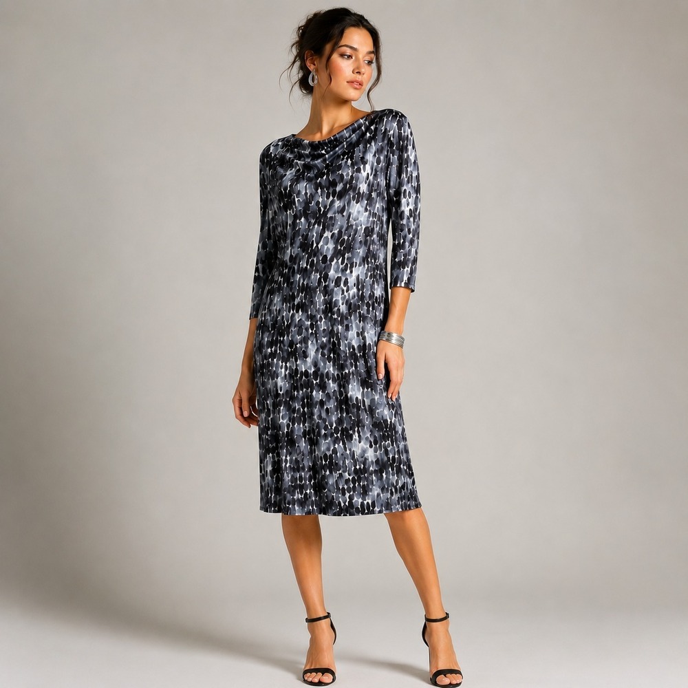 Rebecca Moses Silk Cowl Neck Dress XL Gray Black Tie Dye Luxe Midi Artwear